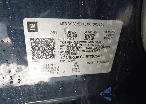 2018 Chevrolet Tahoe Lt z USA, uszkodzony, nr VIN 1GNSKBKC1JR367581